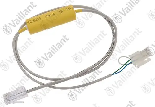 Vaillant-Kabelbaum mit gelbem Kondensator und zwei Steckverbindungen für die Modbus-Kommunikation. Energietransferkabel für Inverter-Anwendungen.